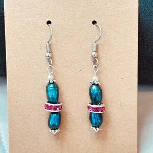 Stainless Steel Genuine Freshwater Teal Pearls 2ea w/Pink Crystal Rondelles